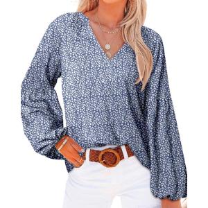 BTFBM Blouses for Women Dressy Casual Floral Summer Boho Tops V Neck Lightweight Long Sleeve Shirts Spring Clothes 2026(Leopard Dark Blue)