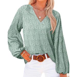 BTFBM Blouses for Women Dressy Casual Floral Summer Boho Tops V Neck Lightweight Long Sleeve Shirts Spring Clothes 2026(Leopard Green)
