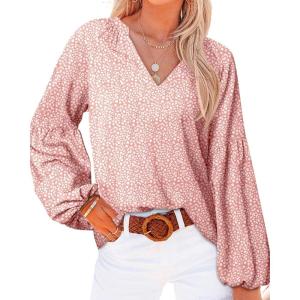 BTFBM Blouses for Women Dressy Casual Floral Summer Boho Tops V Neck Lightweight Long Sleeve Shirts Spring Clothes 2026(Leopard Pink)