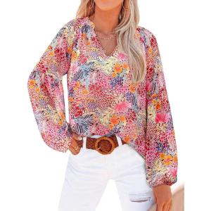 BTFBM Blouses for Women Dressy Casual Floral Summer Boho Tops V Neck Lightweight Long Sleeve Shirts Spring Clothes 2026(Multicolor Red)
