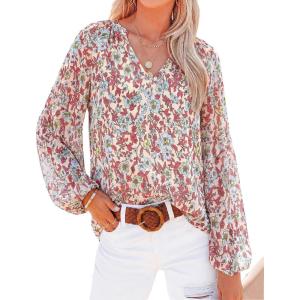 BTFBM Blouses for Women Dressy Casual Floral Summer Boho Tops V Neck Lightweight Long Sleeve Shirts Spring Clothes 2026(Pink Blue Flower White)