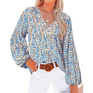 BTFBM Blouses for Women Dressy Casual Floral Summer Boho Tops V Neck Lightweight Long Sleeve Shirts Spring Clothes 2026(Print Blue White)