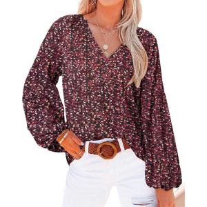BTFBM Blouses for Women Dressy Casual Floral Summer Boho Tops V Neck Lightweight Long Sleeve Shirts Spring Clothes 2026(Print Red Black)