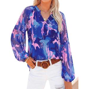 BTFBM Blouses for Women Dressy Casual Floral Summer Boho Tops V Neck Lightweight Long Sleeve Shirts Spring Clothes 2026(Print Royal Blue)