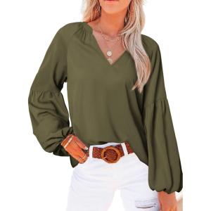 BTFBM Blouses for Women Dressy Casual Floral Summer Boho Tops V Neck Lightweight Long Sleeve Shirts Spring Clothes 2026(Solid Army Green)