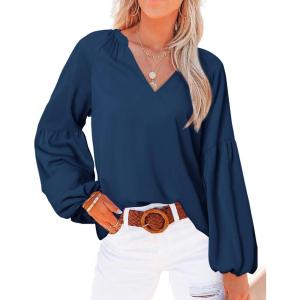 BTFBM Blouses for Women Dressy Casual Floral Summer Boho Tops V Neck Lightweight Long Sleeve Shirts Spring Clothes 2026(Solid Blue)