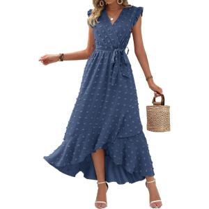 BTFBM Boho Dresses for Women 2026 Spring Fashion Cap Sleeve Swiss Dot Flowy Ruffle Beach Wedding Cocktail Maxi Dress(Blue)