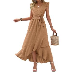 BTFBM Boho Dresses for Women 2026 Spring Fashion Cap Sleeve Swiss Dot Flowy Ruffle Beach Wedding Cocktail Maxi Dress(Khaki)