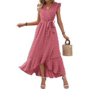 BTFBM Boho Dresses for Women 2026 Spring Fashion Cap Sleeve Swiss Dot Flowy Ruffle Beach Wedding Cocktail Maxi Dress(Pink)