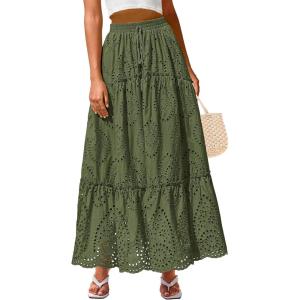 BTFBM Boho Long Skirts for Women Spring Summer 2026 Lace Embroidery High Waist Flowy Tiered Maxi Skirt Beach Vacation(Army Green)
