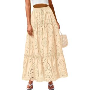 BTFBM Boho Long Skirts for Women Spring Summer 2026 Lace Embroidery High Waist Flowy Tiered Maxi Skirt Beach Vacation(Beige)