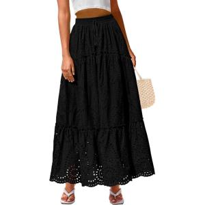 BTFBM Boho Long Skirts for Women Spring Summer 2026 Lace Embroidery High Waist Flowy Tiered Maxi Skirt Beach Vacation(Black)