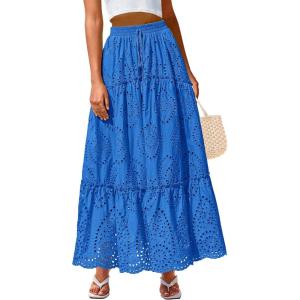 BTFBM Boho Long Skirts for Women Spring Summer 2026 Lace Embroidery High Waist Flowy Tiered Maxi Skirt Beach Vacation(Blue)