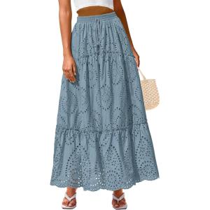 BTFBM Boho Long Skirts for Women Spring Summer 2026 Lace Embroidery High Waist Flowy Tiered Maxi Skirt Beach Vacation(Blue Grey)