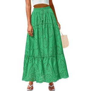 BTFBM Boho Long Skirts for Women Spring Summer 2026 Lace Embroidery High Waist Flowy Tiered Maxi Skirt Beach Vacation(Green)