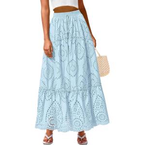 BTFBM Boho Long Skirts for Women Spring Summer 2026 Lace Embroidery High Waist Flowy Tiered Maxi Skirt Beach Vacation(Light Blue)