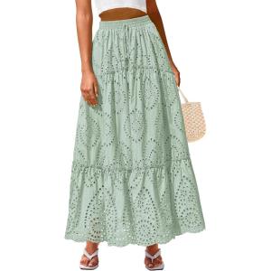 BTFBM Boho Long Skirts for Women Spring Summer 2026 Lace Embroidery High Waist Flowy Tiered Maxi Skirt Beach Vacation(Light Green)