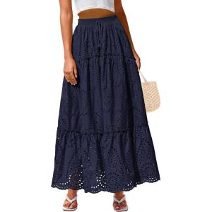 BTFBM Boho Long Skirts for Women Spring Summer 2026 Lace Embroidery High Waist Flowy Tiered Maxi Skirt Beach Vacation(Navy)