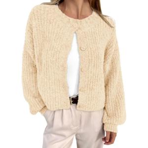 BTFBM Cardigan Sweaters for Women Fall 2026 Long Sleeve Button Down Soft Loose Chunky Knit Outwear Cropped Winter Coats(Beige)
