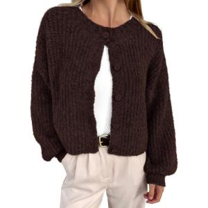 BTFBM Cardigan Sweaters for Women Fall 2026 Long Sleeve Button Down Soft Loose Chunky Knit Outwear Cropped Winter Coats(Coffee)