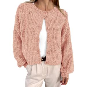 BTFBM Cardigan Sweaters for Women Fall 2026 Long Sleeve Button Down Soft Loose Chunky Knit Outwear Cropped Winter Coats(Light Pink)
