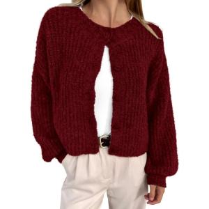 BTFBM Cardigan Sweaters for Women Fall 2026 Long Sleeve Button Down Soft Loose Chunky Knit Outwear Cropped Winter Coats(Wine Red)