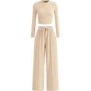 BTFBM Casual 2 Piece Sets For Women Fall Outfits 2025 Ribbed Spring Long Sleeve Crop Top Wide Leg Pants Matching Lounge Set(Beige)