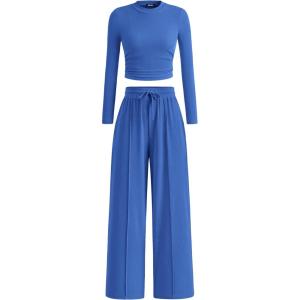 BTFBM Casual 2 Piece Sets For Women Fall Outfits 2025 Ribbed Spring Long Sleeve Crop Top Wide Leg Pants Matching Lounge Set(Blue)