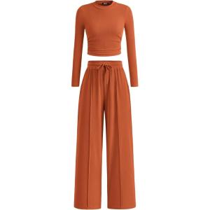 BTFBM Casual 2 Piece Sets For Women Fall Outfits 2025 Ribbed Spring Long Sleeve Crop Top Wide Leg Pants Matching Lounge Set(Brick Red)