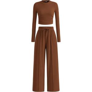 BTFBM Casual 2 Piece Sets For Women Fall Outfits 2025 Ribbed Spring Long Sleeve Crop Top Wide Leg Pants Matching Lounge Set(Brown)