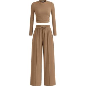 BTFBM Casual 2 Piece Sets For Women Fall Outfits 2025 Ribbed Spring Long Sleeve Crop Top Wide Leg Pants Matching Lounge Set(Camel)