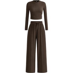 BTFBM Casual 2 Piece Sets For Women Fall Outfits 2025 Ribbed Spring Long Sleeve Crop Top Wide Leg Pants Matching Lounge Set(Coffee)