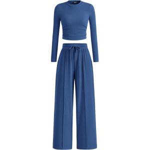 BTFBM Casual 2 Piece Sets For Women Fall Outfits 2025 Ribbed Spring Long Sleeve Crop Top Wide Leg Pants Matching Lounge Set(Dark Blue)