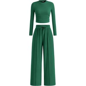 BTFBM Casual 2 Piece Sets For Women Fall Outfits 2025 Ribbed Spring Long Sleeve Crop Top Wide Leg Pants Matching Lounge Set(Dark Green)