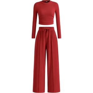 BTFBM Casual 2 Piece Sets For Women Fall Outfits 2025 Ribbed Spring Long Sleeve Crop Top Wide Leg Pants Matching Lounge Set(Fiery Red)