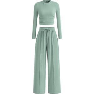 BTFBM Casual 2 Piece Sets For Women Fall Outfits 2025 Ribbed Spring Long Sleeve Crop Top Wide Leg Pants Matching Lounge Set(Fruit Green)