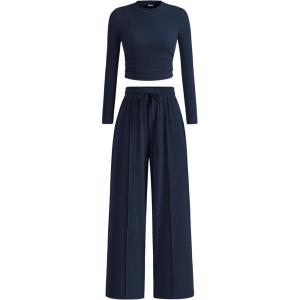 BTFBM Casual 2 Piece Sets For Women Fall Outfits 2025 Ribbed Spring Long Sleeve Crop Top Wide Leg Pants Matching Lounge Set(Navy)