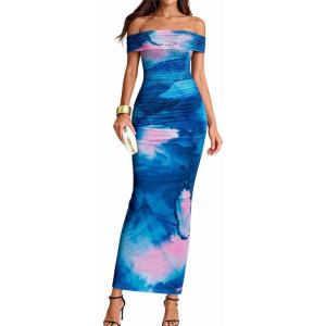 BTFBM Cocktail Dresses for Women 2026 Elegant Classy Off Shoulder Bodycon Mesh Slit Floral Maxi Spring Summer Dress(Floral Dark Blue)