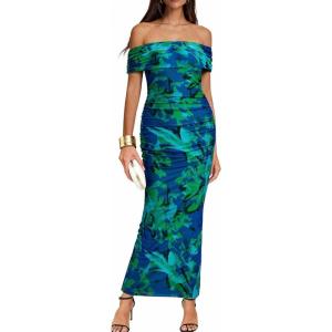 BTFBM Cocktail Dresses for Women 2026 Elegant Classy Off Shoulder Bodycon Mesh Slit Floral Maxi Spring Summer Dress(Floral Green)