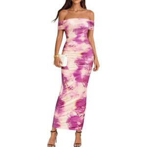 BTFBM Cocktail Dresses for Women 2026 Elegant Classy Off Shoulder Bodycon Mesh Slit Floral Maxi Spring Summer Dress(Floral Purple)