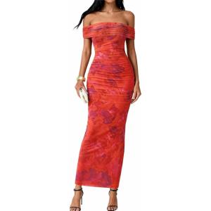 BTFBM Cocktail Dresses for Women 2026 Elegant Classy Off Shoulder Bodycon Mesh Slit Floral Maxi Spring Summer Dress(Floral Rust Red)