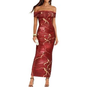 BTFBM Cocktail Dresses for Women 2026 Elegant Classy Off Shoulder Bodycon Mesh Slit Floral Maxi Spring Summer Dress(Floral Wine Red)