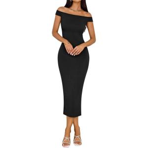 BTFBM Fall Dresses for Women 2025 Midi Off The Shoulder Sleeveless Split Knit Slim Fit Cocktail Party Semi Formal Dress(Black)