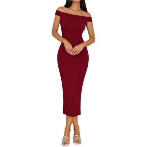BTFBM Fall Dresses for Women 2025 Midi Off The Shoulder Sleeveless Split Knit Slim Fit Cocktail Party Semi Formal Dress(Wine Red)
