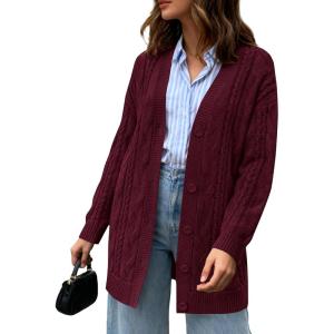BTFBM Fall Fashion 2025 Chunky Cardigan Sweaters for Women Winter Open Front Cable Knit Button Long Cardigans Outerwear(Burgundy)