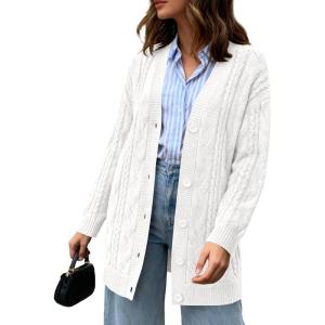 BTFBM Fall Fashion 2025 Chunky Cardigan Sweaters for Women Winter Open Front Cable Knit Button Long Cardigans Outerwear(White)