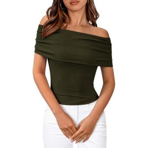 BTFBM Fall Tops for Women 2025 Off The Shoulder Summer Top Short Sleeve Shirts Rib Knit Slim Fit Going Out Y2K Clothes(Army Green)
