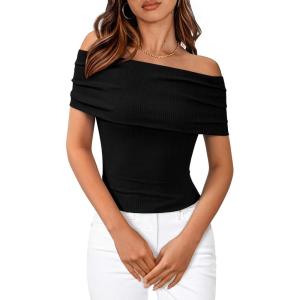 BTFBM Fall Tops for Women 2025 Off The Shoulder Summer Top Short Sleeve Shirts Rib Knit Slim Fit Going Out Y2K Clothes(Black)
