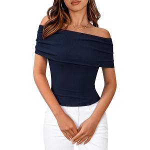BTFBM Fall Tops for Women 2025 Off The Shoulder Summer Top Short Sleeve Shirts Rib Knit Slim Fit Going Out Y2K Clothes(Navy)