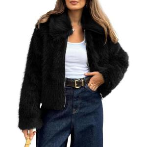 BTFBM Faux Fur Jacket Women Fluffy Winter Cropped Coats Zip Up Fuzzy Jackets Long Sleeve Furry Coat 2025 Fall Clothes(Black)